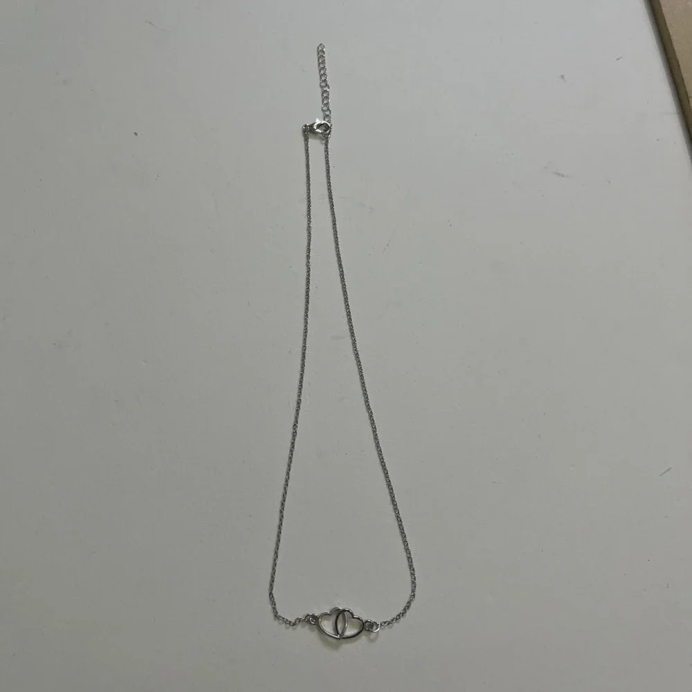 Double Heart Necklace, Lobster Clasp. Silver Colored,‎ Costume Jewelry 17.5-19.5